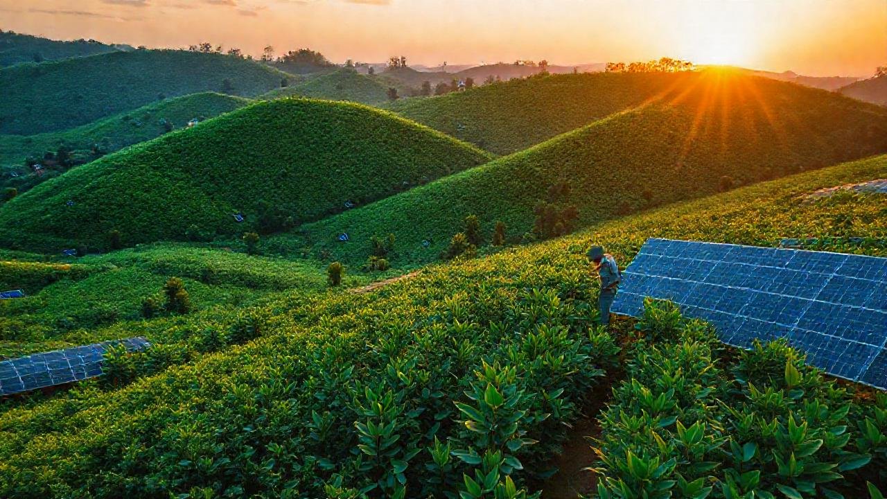 Finca de café orgánica, atardecer esperanzador