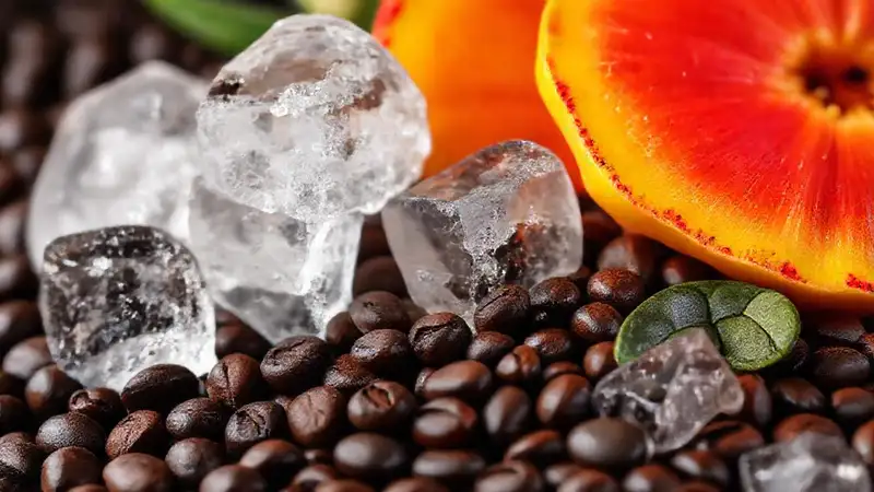 Café oscuro y frutas exóticas frías