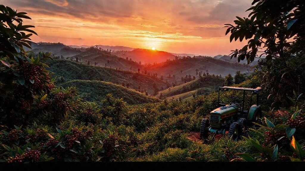 Cafés africanos florecen bajo un amanecer