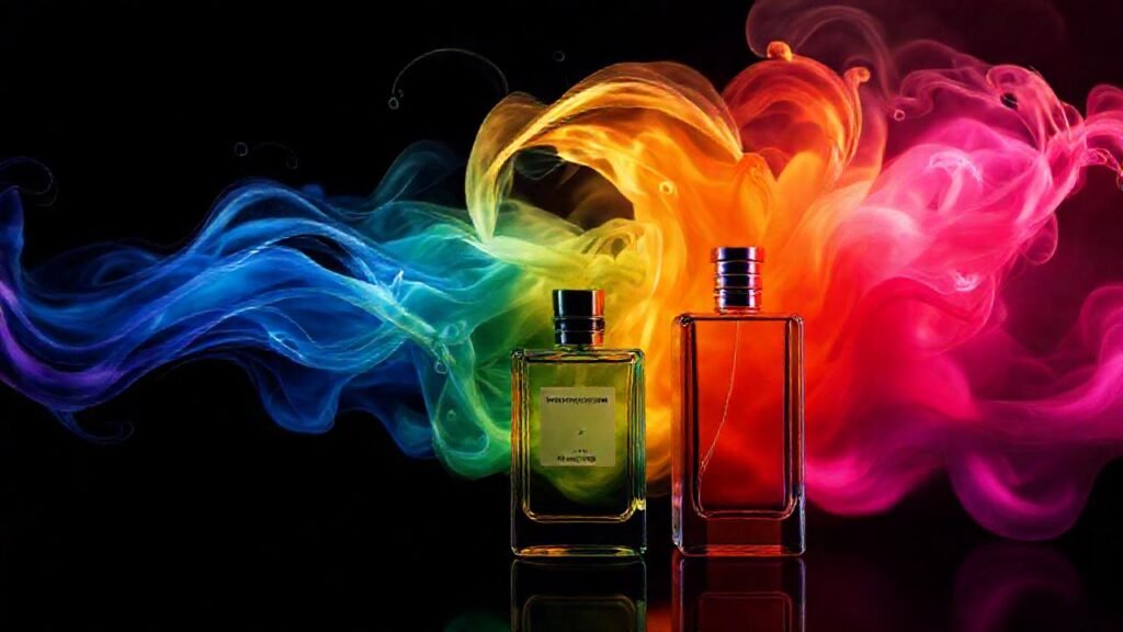 Fragancia visual: botellas y aromas abstractos