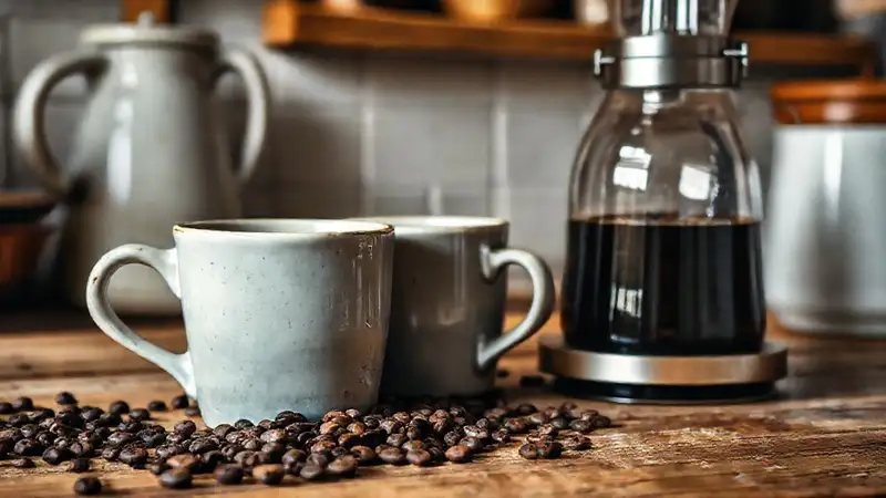 Cocina rústica, café y luz cálida