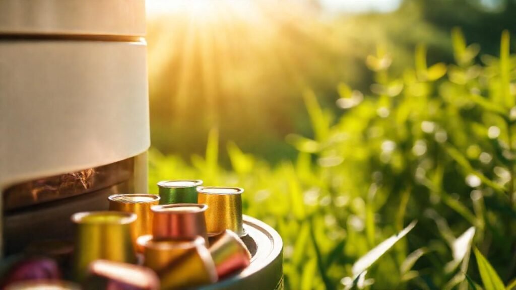 Capsules ecológicas en un paisaje brillante