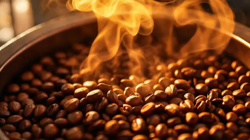 Granos de café se tuestan con aroma