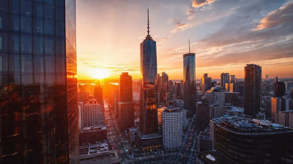 La ciudad moderna brillaba al atardecer
