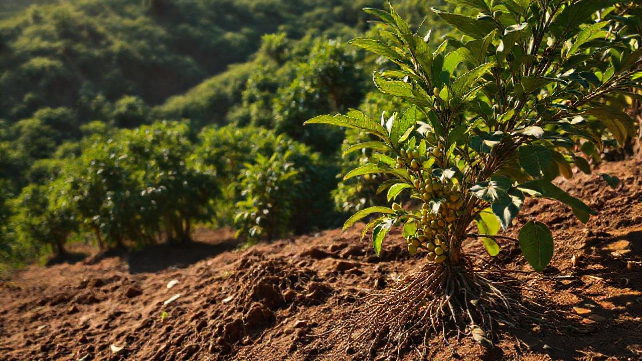 Planta de café exuberante bajo el sol