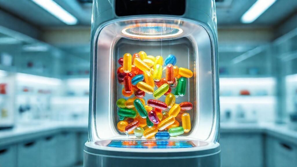 Un dispensador futurista entrega cápsulas coloridas