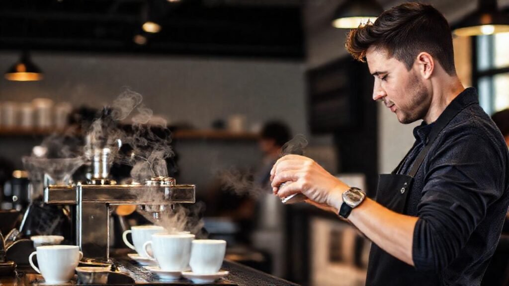 Barista aprende café en un café moderno