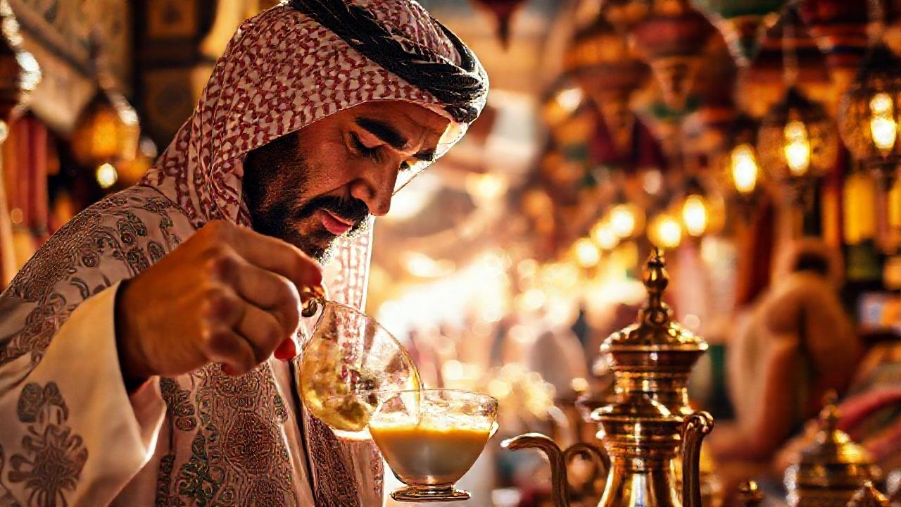 Un hombre árabe sirve café en el mercado