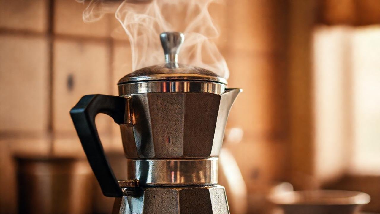 Cafetera vintage emite calor y aroma