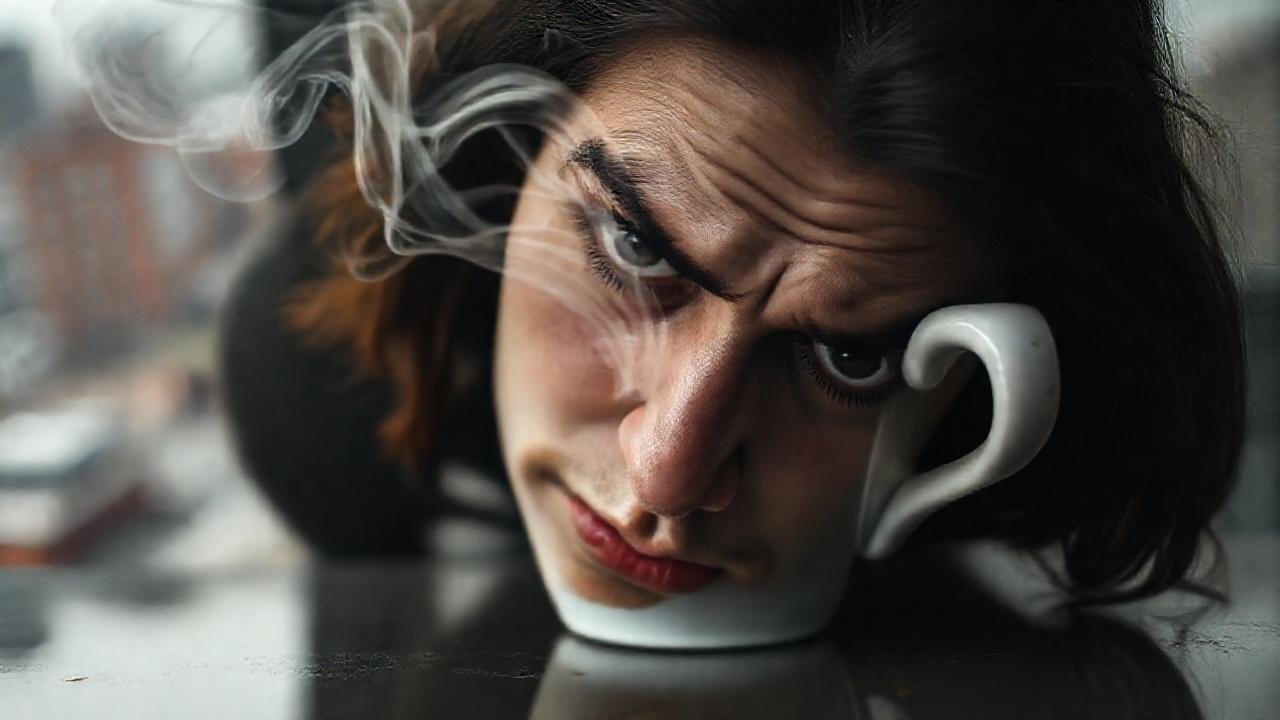 Una taza de café, rostro ansioso y temor