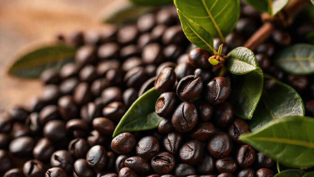 Café oscuro y planta vibrante en fotografía