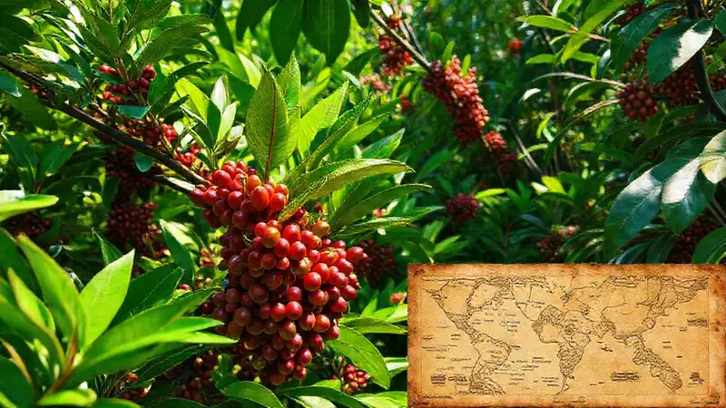 Planta de café exuberante, origen detallado