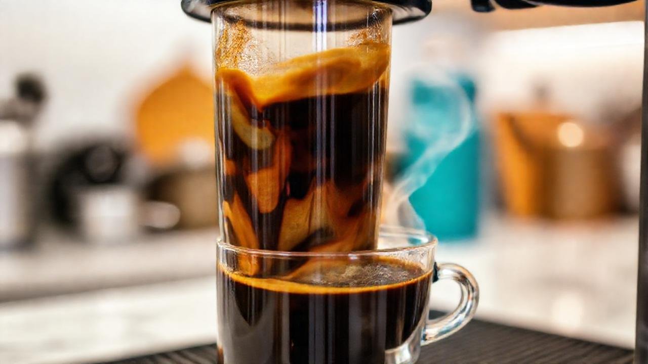 AeroPress en cocina, café vibrante y cerca