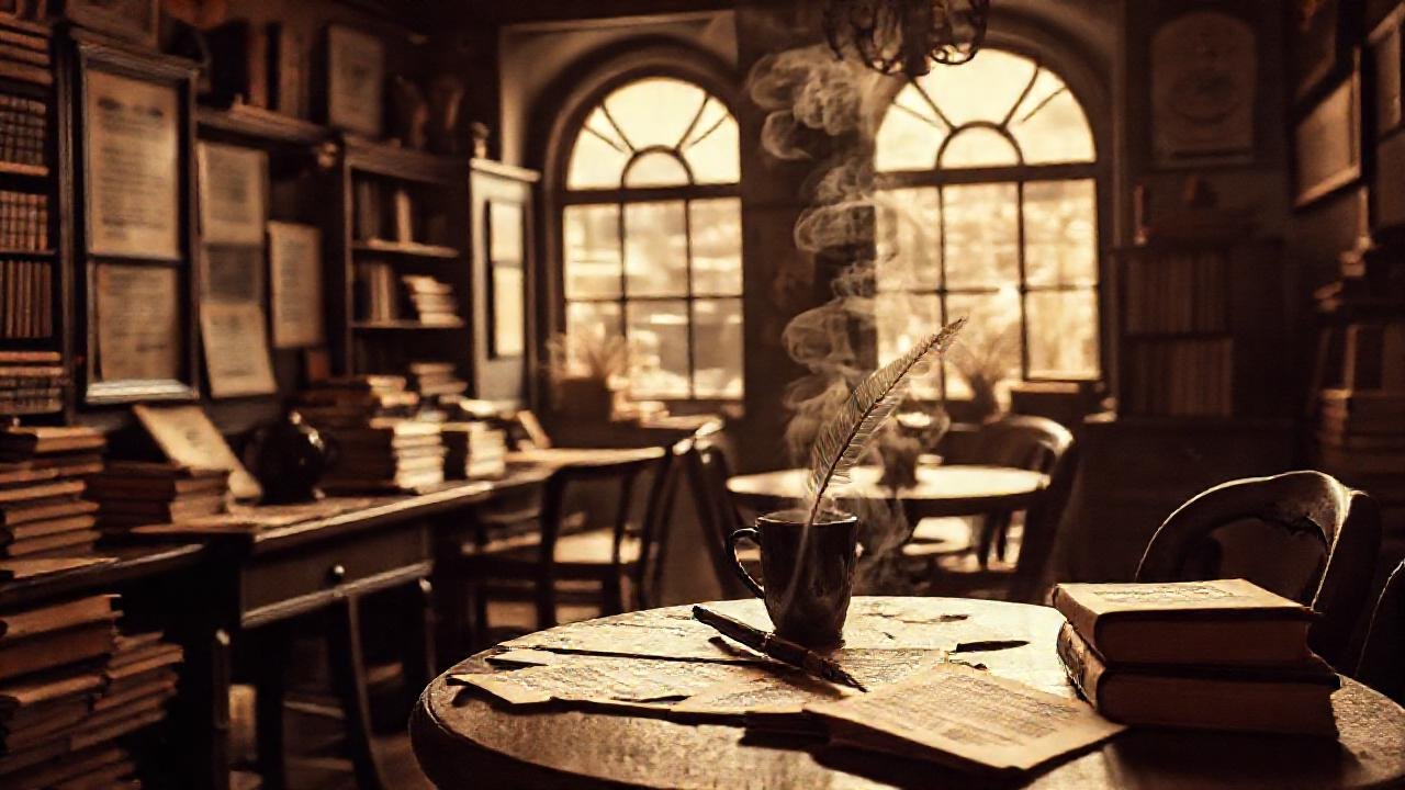 Un autor escribe en un café antiguo