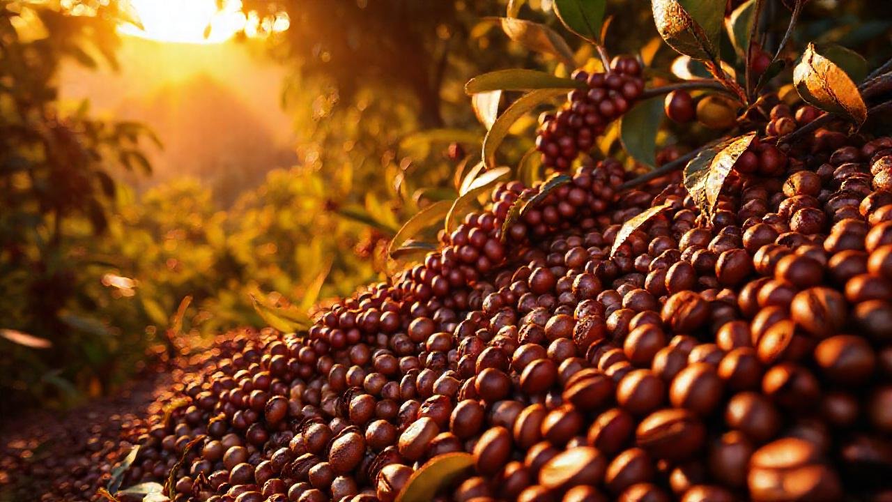 Granos de café, paisaje exótico y misterioso