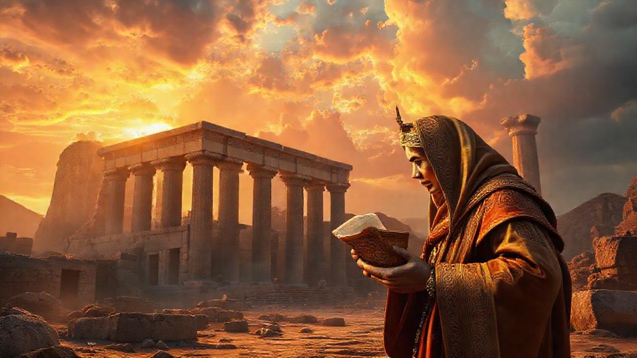 Ruinas antiguas y princesa misteriosa brillan