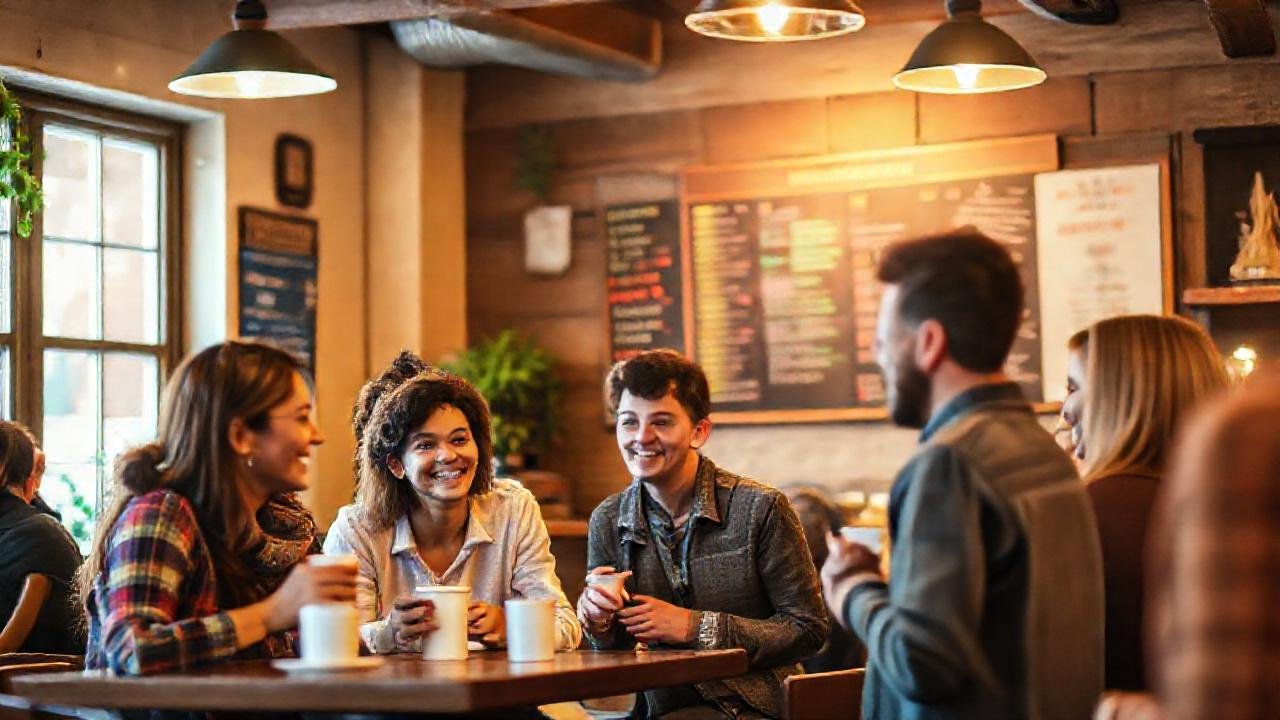 Un café acogedor reúne a gente feliz