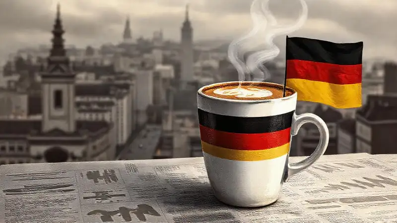 Café, bandera alemana y ciudad difuminada