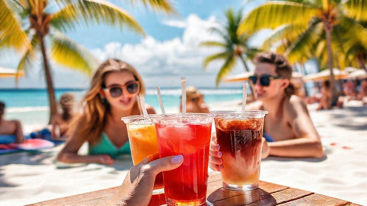 Playa tropical, café helado, y verano