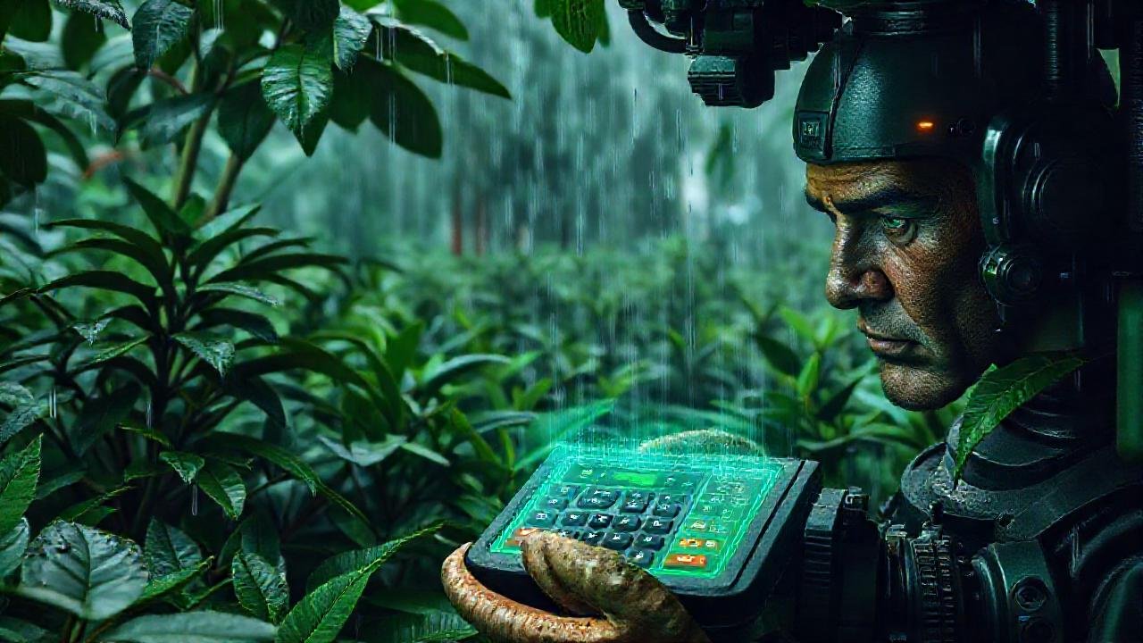 Plantación de café futurista, lluvia y seriedad