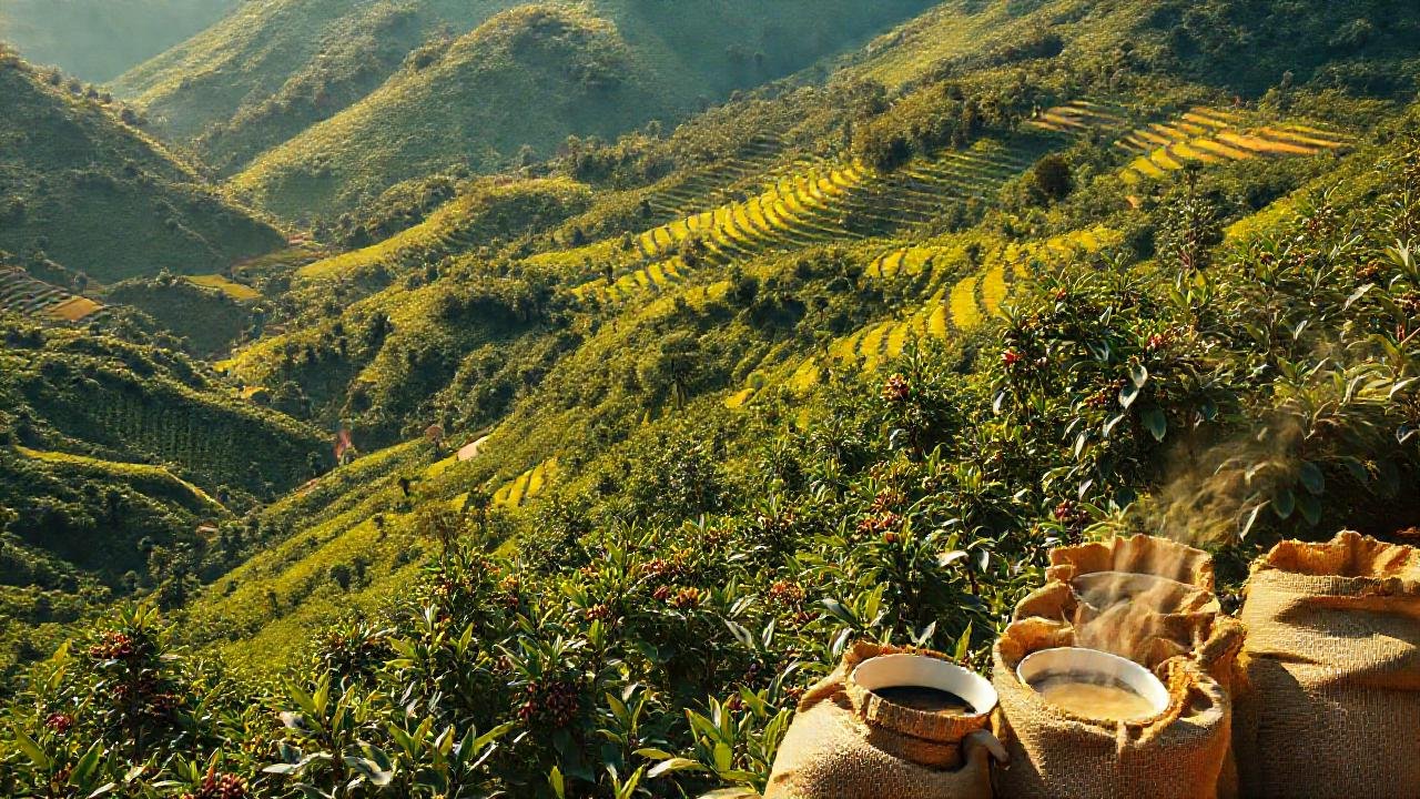 Café exuberante baña colinas verdes y cálidas