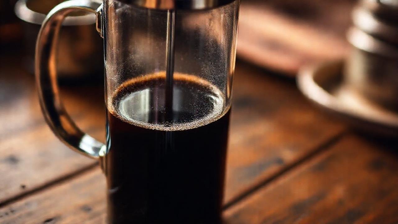 Café oscuro, lento, aroma rico, calma