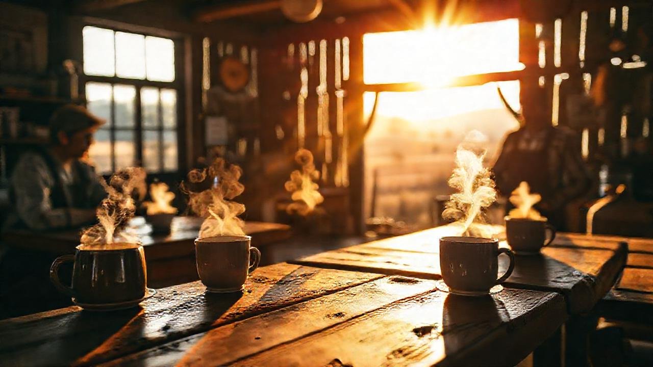 Un café rústico, soleado y acogedor