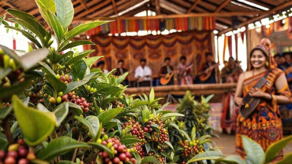 Una celebración cultural cafetera vibrante y colorida