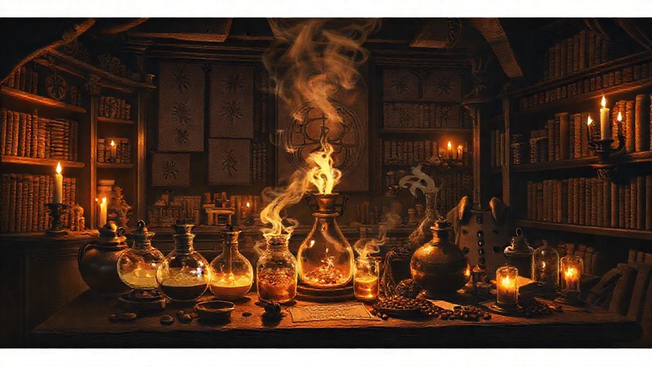 Un taller alquímico misterioso y evocador