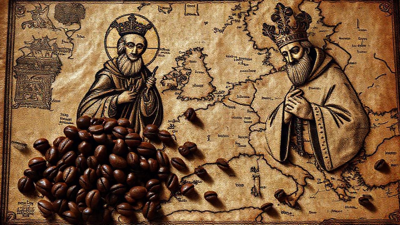 Mapa antiguo, religiosos, café y temor