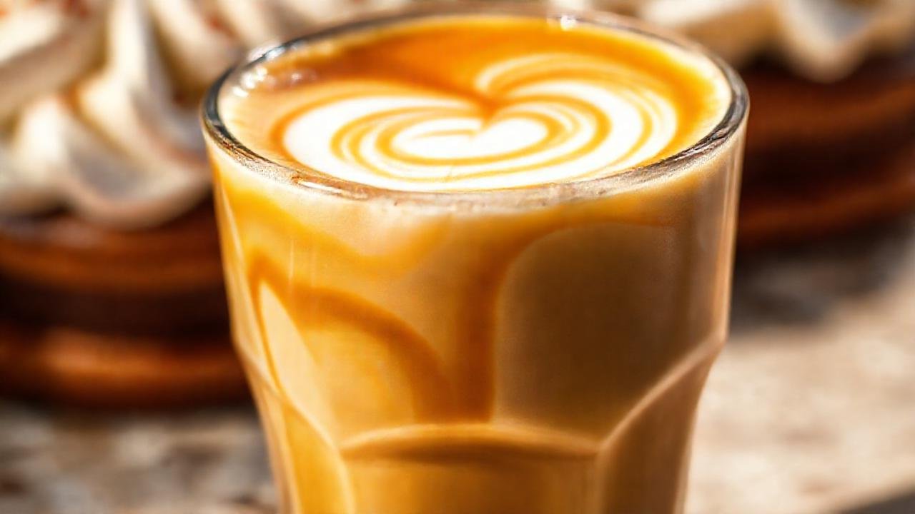 Café helado caramelizado, visualmente delicioso e invitante