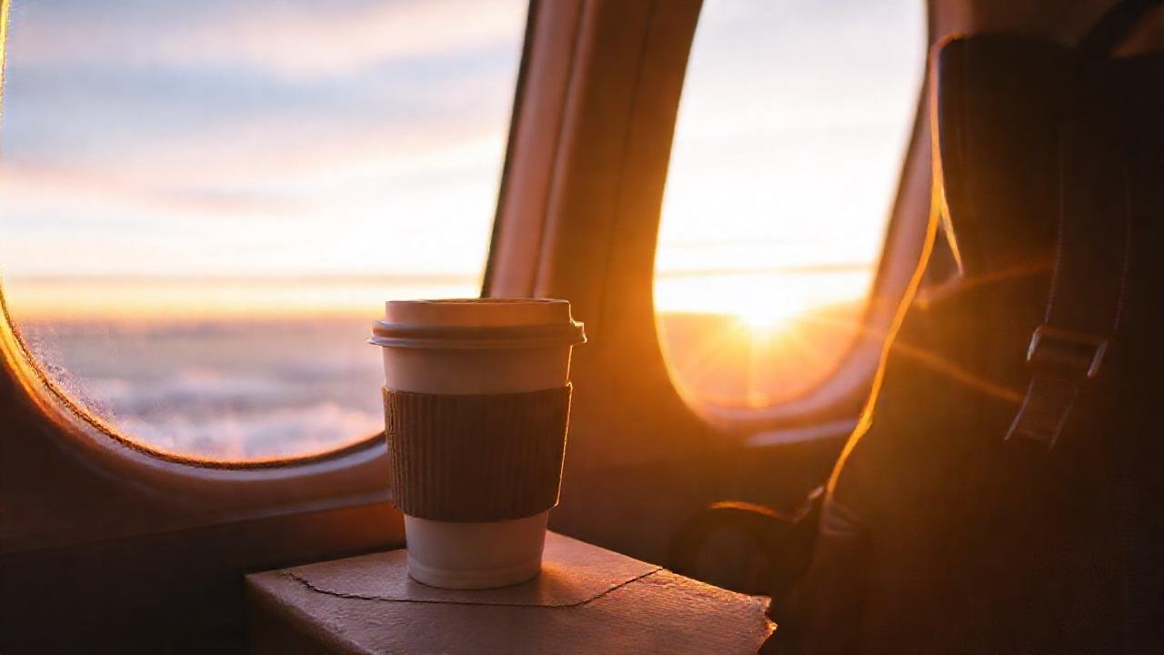 Viaje moderno con café y amanecer