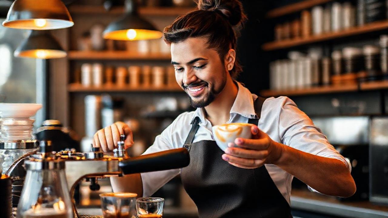 Un barista crea café con arte