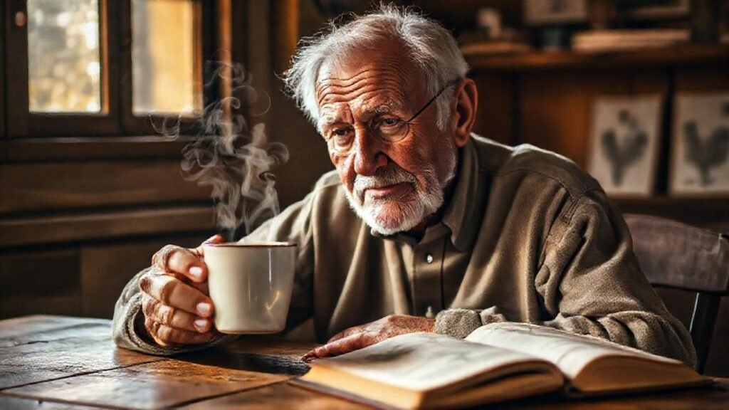 Un anciano disfruta café y tranquilidad