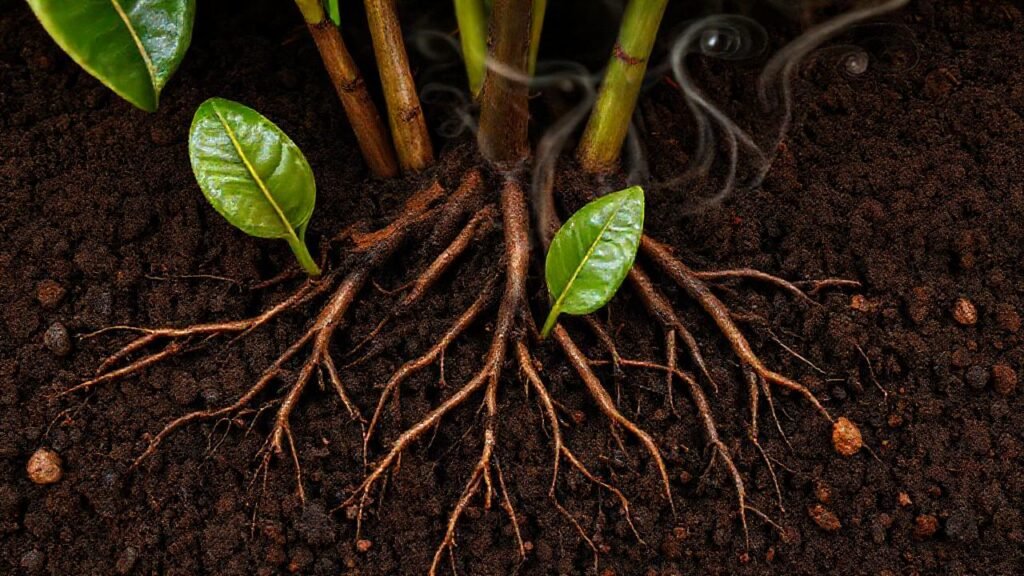 Raíces de café en tierra húmeda