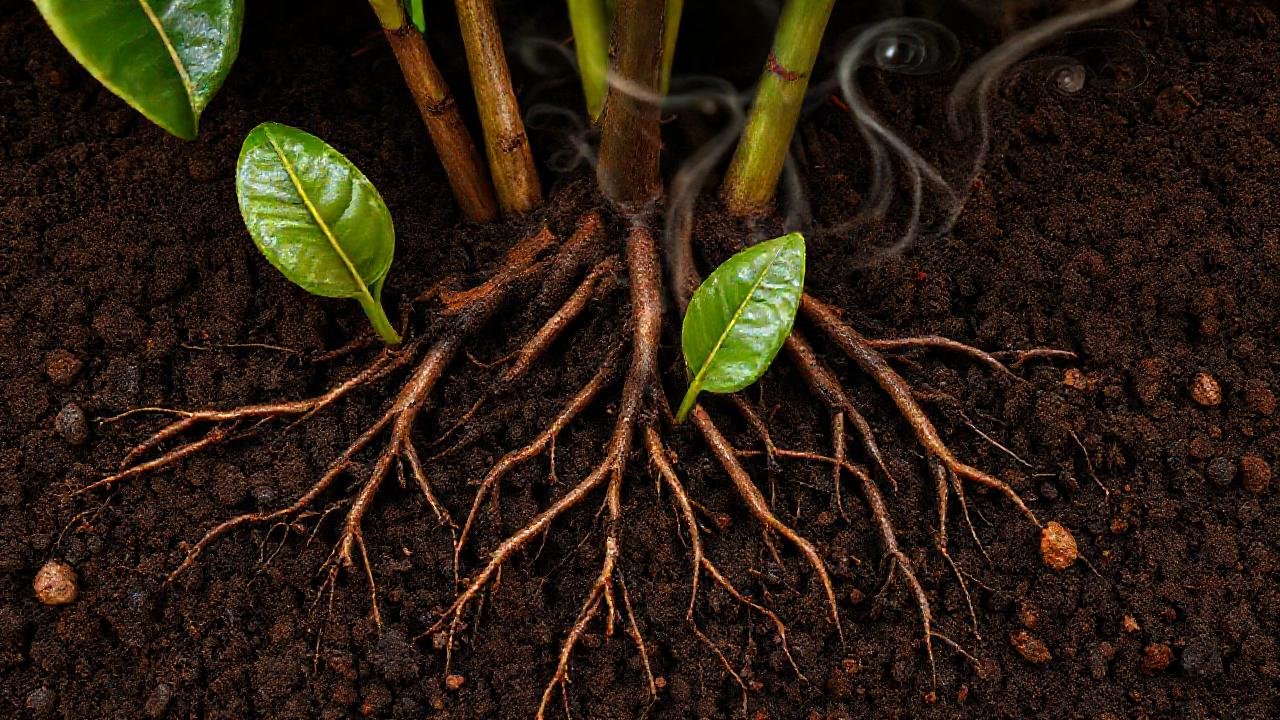 Raíces de café en tierra húmeda