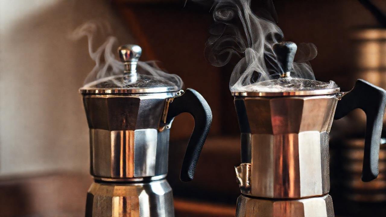 Moka pots vintage ofrecen café caliente y atractivo
