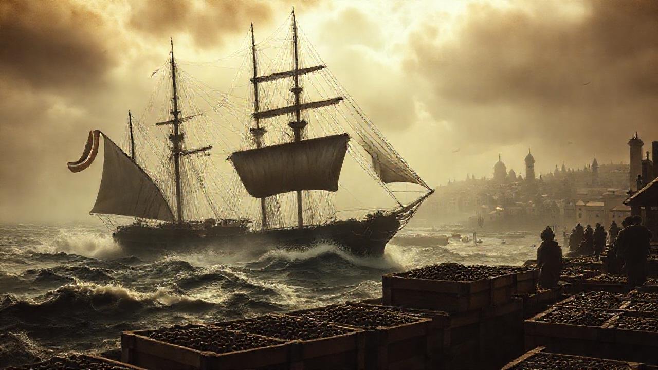 Barco mercante antiguo, café y sombras