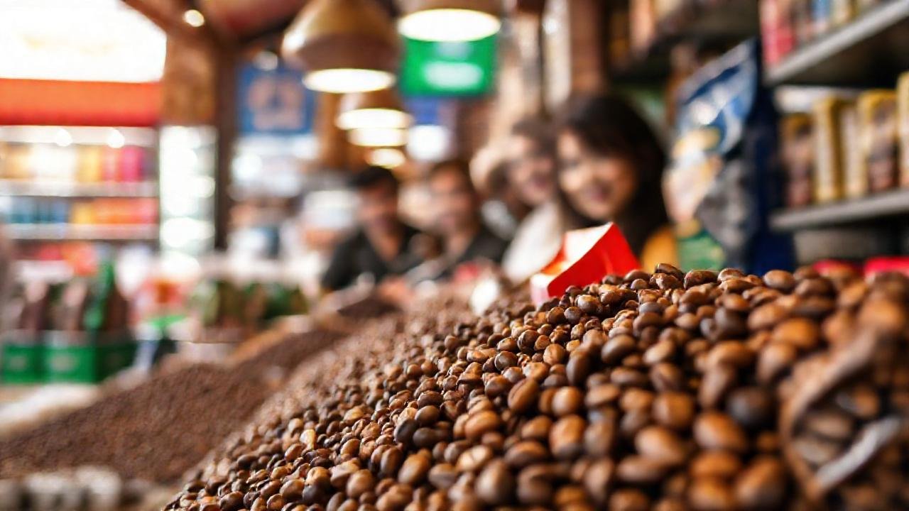 Café vibrante en un mercado moderno