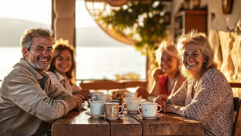 Familia griega disfruta un café cálido