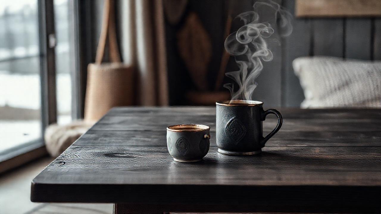Una mesa oscura, café y calma