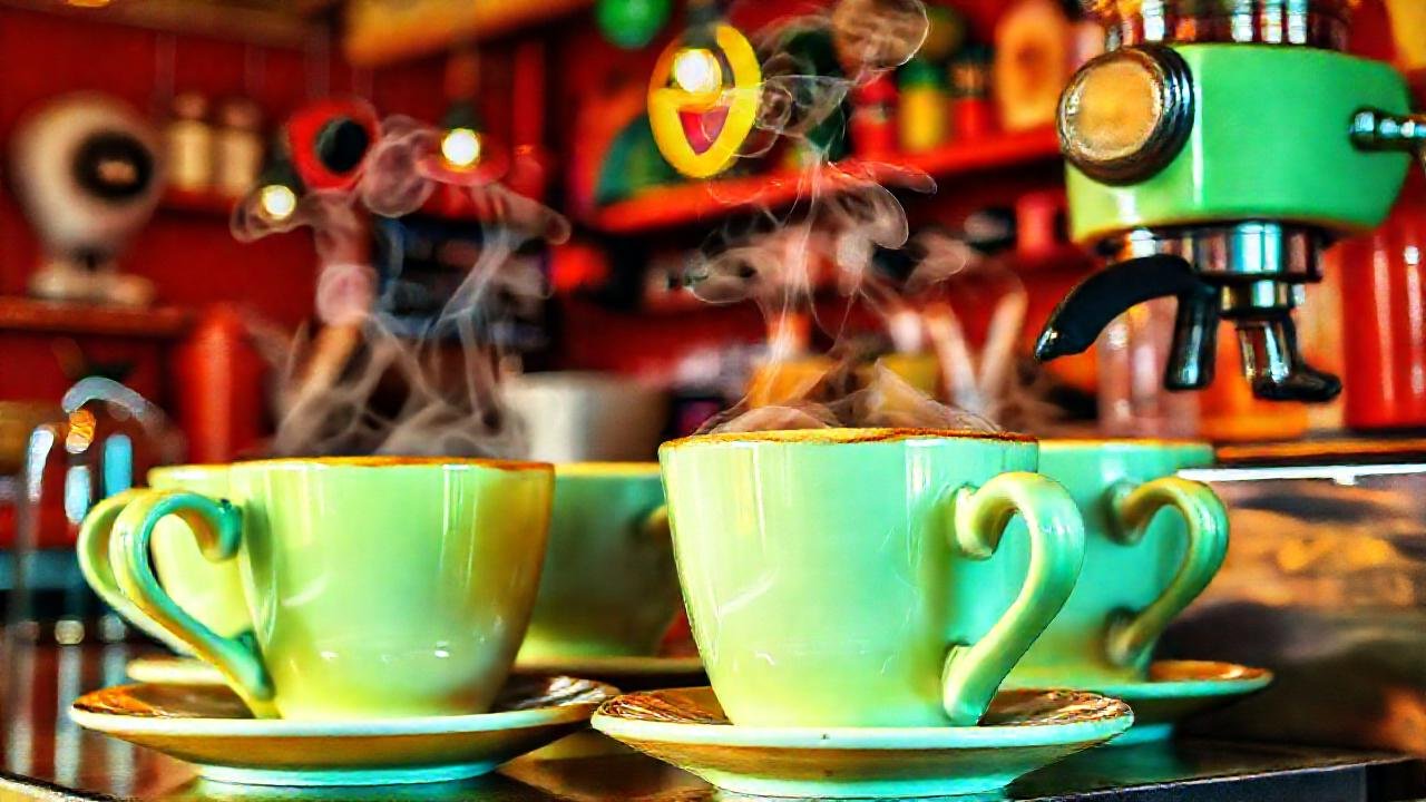 Café futurista en estudio vibrante