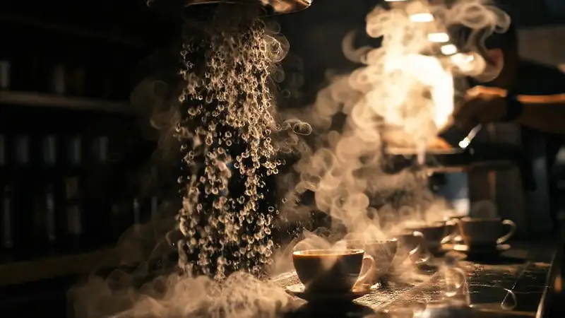Café oscuro y vaporoso, arte barrista