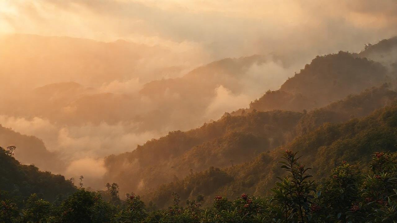 Montañas brumosas ofrecen café y luz dorada