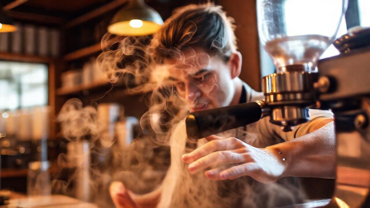 Un barista prepara café aromático en un café acogedor