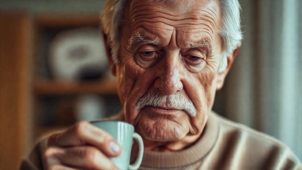Un anciano reflexivo disfruta su café