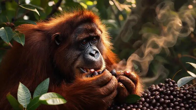 Orangután disfruta café en selva exuberante