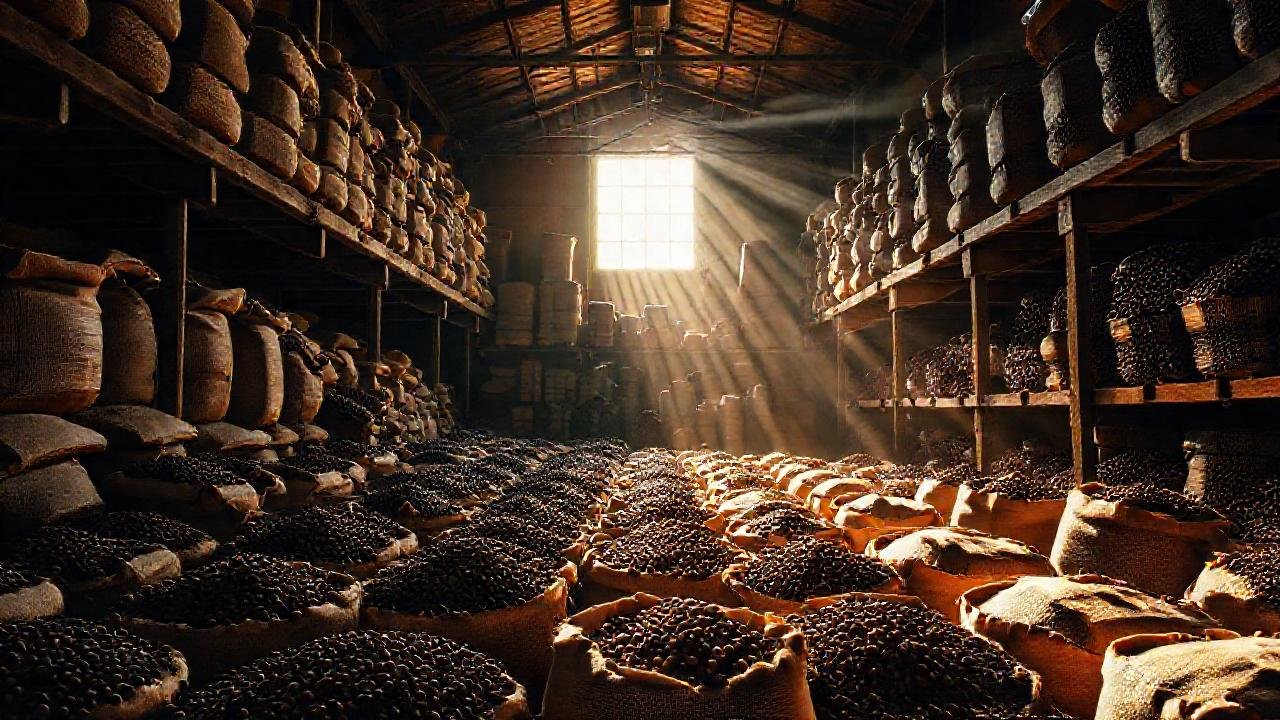 Granos de café en almacén soleado