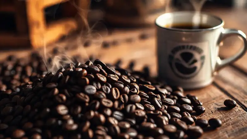 Café oscuro humeante, textura rica y cálida