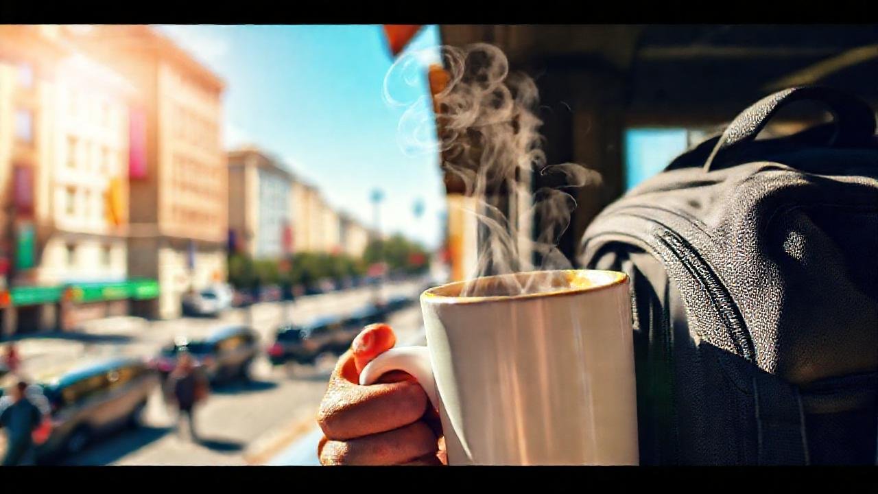 Viajero feliz en ciudad bulliciosa